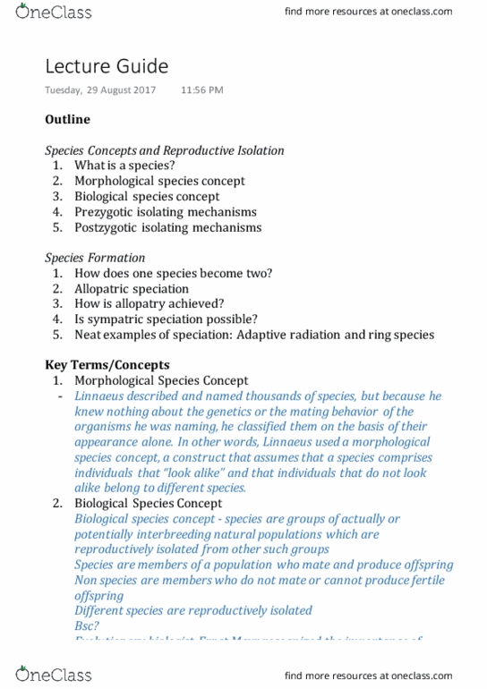 BIO 200 Lecture Notes - Lecture 16: Species Problem, Sympatric Speciation, Allopatric Speciation thumbnail