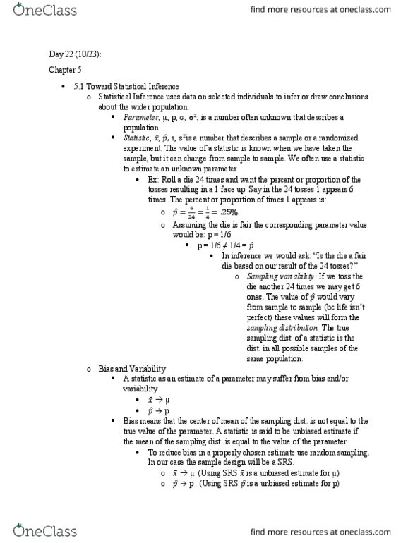 STAT 1034 Lecture Notes - Lecture 5: Sampling Distribution, Randomized Experiment, Random Variable thumbnail