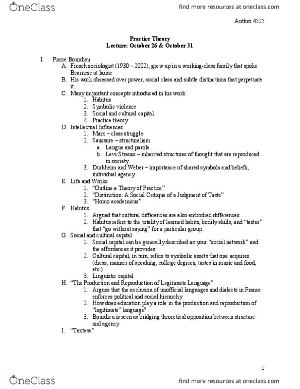 ANTHROP 4525 Lecture Notes - Lecture 12: Pierre Bourdieu, Practice Theory, Symbolic Power thumbnail