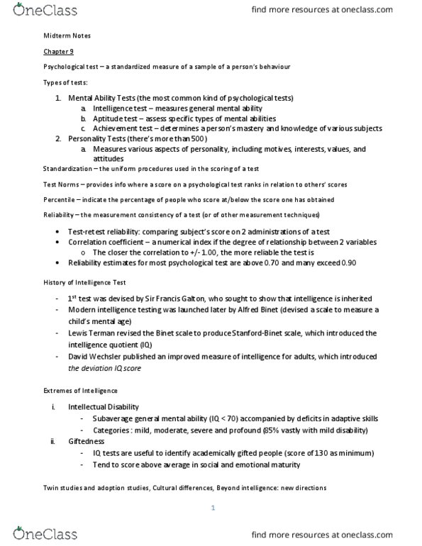 PSYC 1002 Lecture Notes - Lecture 12: Fetal Alcohol Spectrum Disorder, Lewis Terman, David Wechsler thumbnail