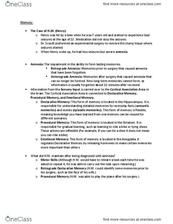 CAS NE 101 Lecture Notes - Lecture 30: Striatum, Episodic Memory thumbnail