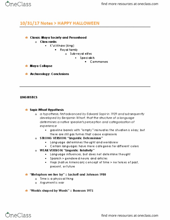 ANT 2000 Lecture Notes - Lecture 16: Benjamin Lee Whorf, Edward Sapir, Classic Maya Collapse thumbnail