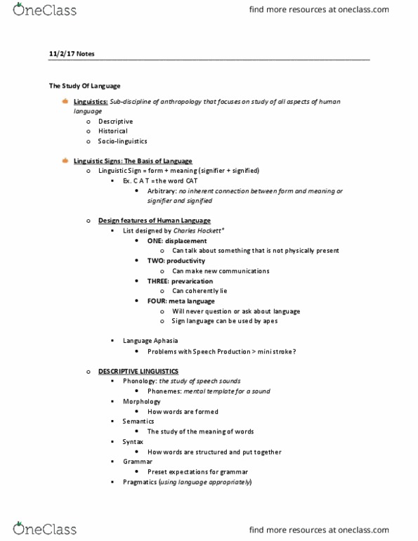 ANT 2000 Lecture Notes - Lecture 17: Sign Language, Sociolinguistics, Aphasia thumbnail