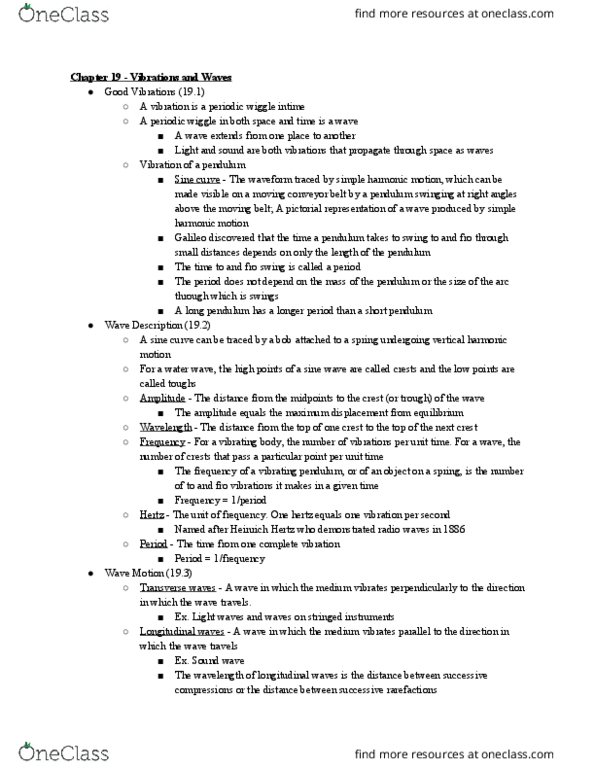 PHYS 121 Chapter Notes - Chapter 19: Heinrich Hertz, Sine Wave, Superposition Principle thumbnail