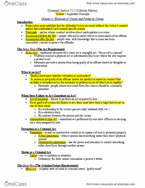 CRJ 222 Chapter Notes - Chapter 4: Actus Reus, Mens Rea, Malum Prohibitum thumbnail