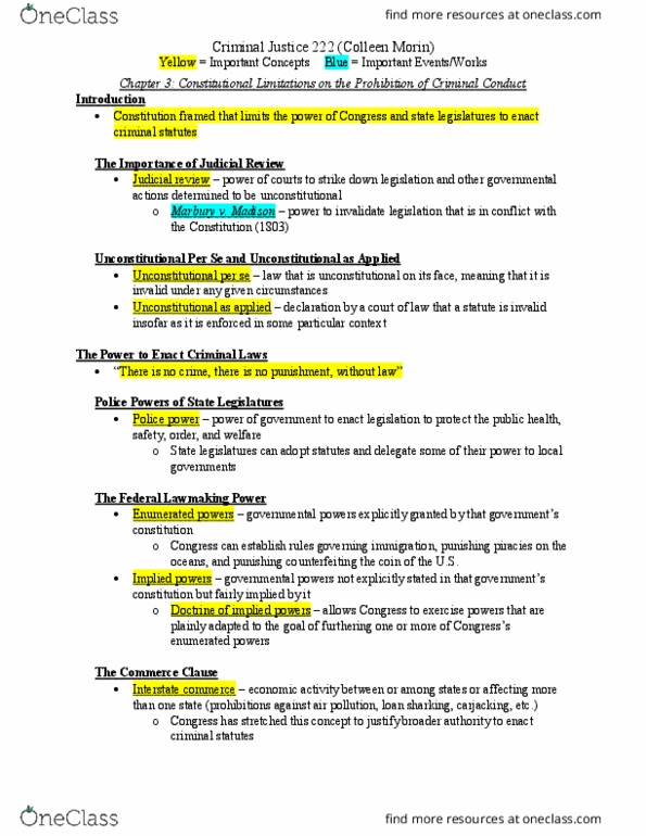 CRJ 222 Chapter Notes - Chapter 3: Violence Against Women Act, Ex Post Facto Law, Commerce Clause thumbnail