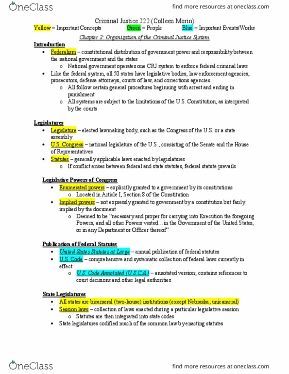 CRJ 222 Chapter Notes - Chapter 2: Session Laws, Statutory Interpretation, Legislative Intent thumbnail