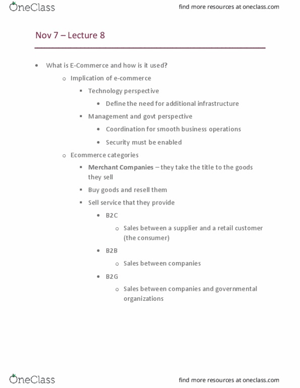 BUS 237 Lecture Notes - Lecture 9: E-Commerce, Disintermediation, Information System thumbnail