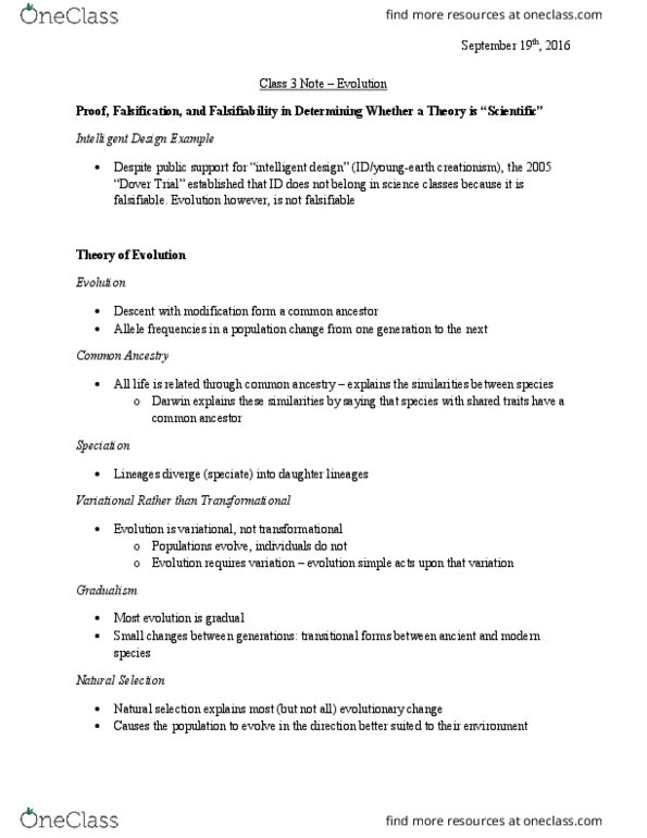 Biology 1001A Lecture Notes - Lecture 3: Falsifiability, Allele, Gradualism thumbnail