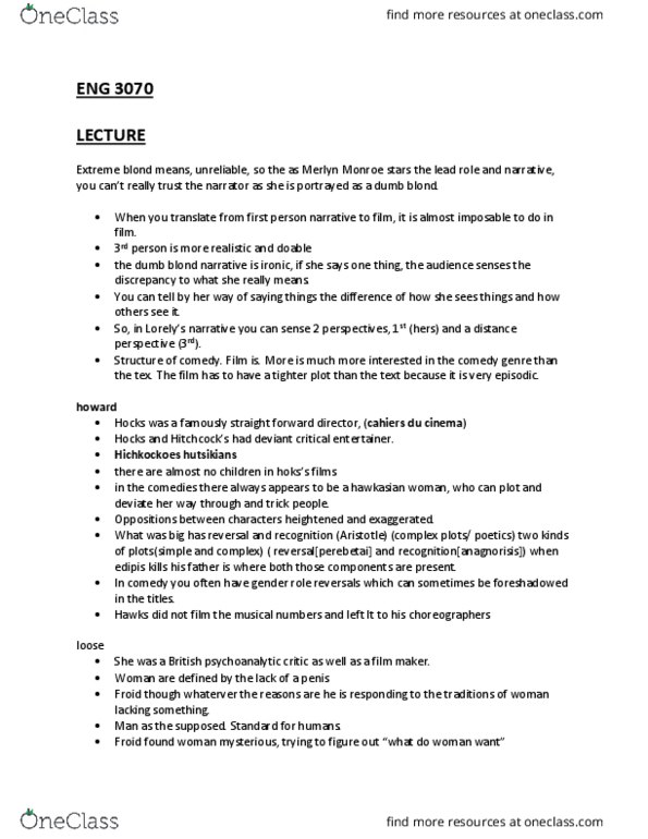 EN 3070 Lecture Notes - Lecture 3: Cahiers Du Cinéma, Anagnorisis, Gender Role thumbnail