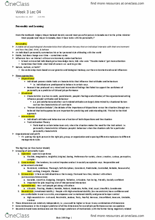 HROB 2090 Lecture Notes - Lecture 4: Naheed Nenshi, Neuroticism, Job Satisfaction thumbnail