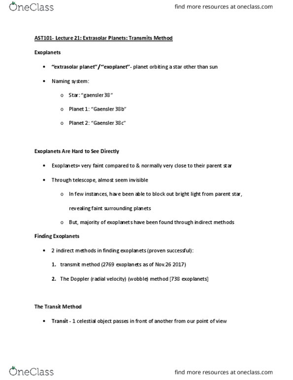 AST101H1 Lecture Notes - Lecture 21: Exoplanet, Astronomical Object, Pearson Education thumbnail