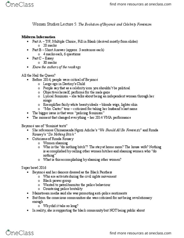 Women's Studies 2161A/B Lecture Notes - Lecture 5: Ronda Rousey, We Should All Be Feminists, Kendrick Lamar thumbnail