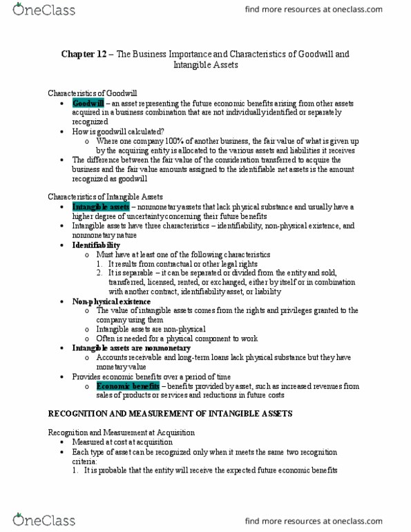 Management and Organizational Studies 3360A/B Chapter Notes - Chapter 12: Intangible Asset, Deferral, The Assets thumbnail