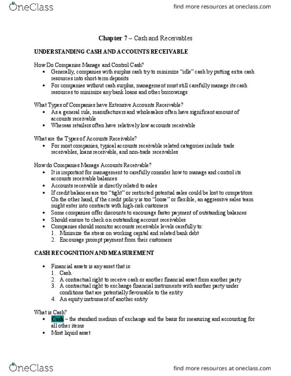 Management and Organizational Studies 3360A/B Chapter Notes - Chapter 7: Cash Cash, Market Liquidity, Current Asset thumbnail