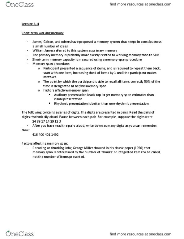 PSYC 3265 Lecture Notes - Lecture 3: Computer Data Storage, Memory Span thumbnail