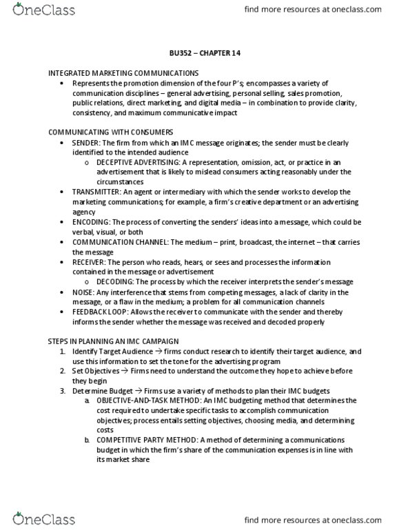 BU352 Chapter Notes - Chapter 14: Direct Marketing, Sales Promotion, Institute For Operations Research And The Management Sciences thumbnail