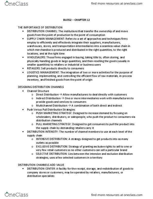 BU352 Chapter Notes - Chapter 12: Direct Market, Management System, Electronic Data Interchange thumbnail