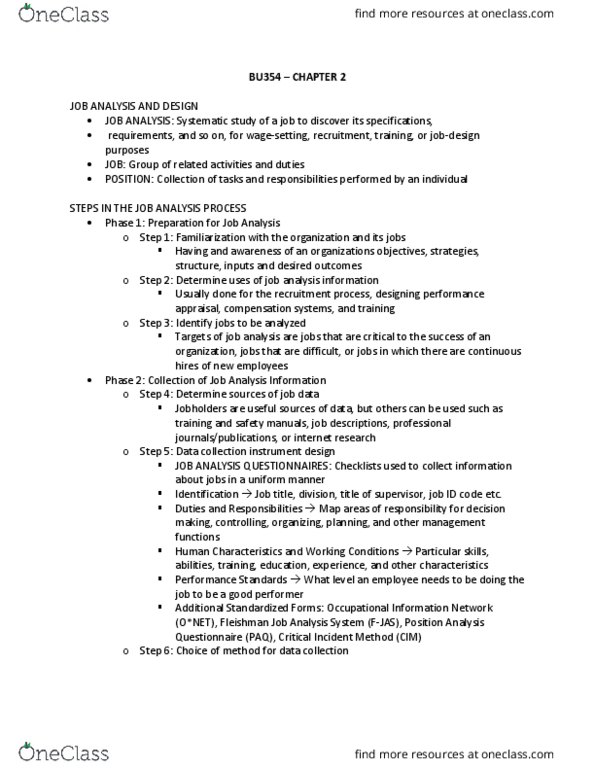 BU354 Chapter Notes - Chapter 2: Occupational Information Network, Job Analysis, Paq thumbnail