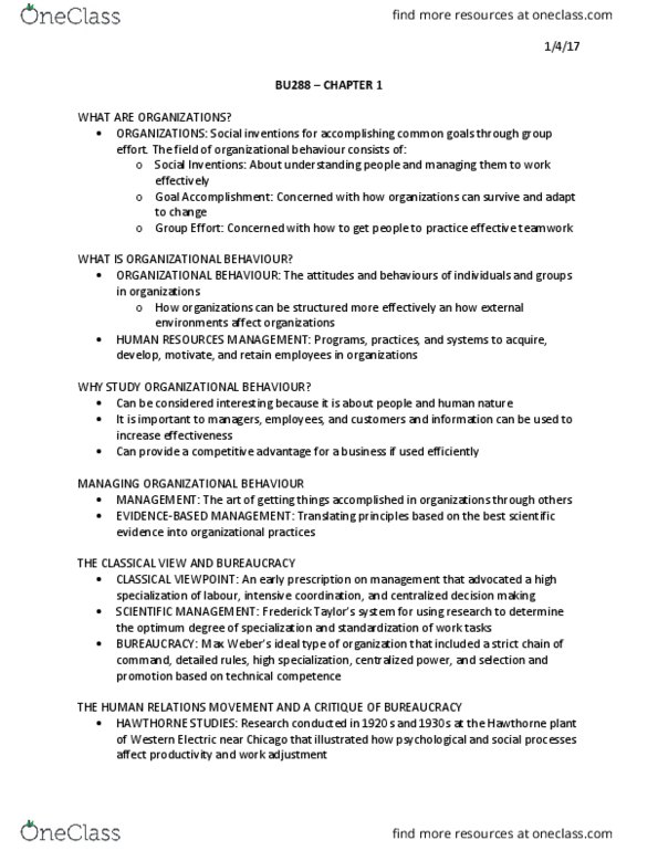 BU288 Chapter Notes - Chapter 1: Hawthorne Effect, Western Electric, Ideal Type thumbnail