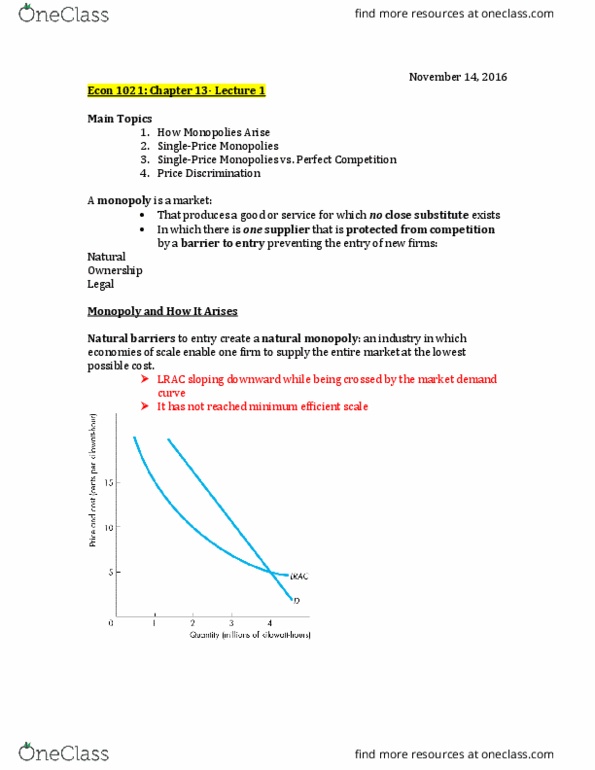 Economics 1021A/B Lecture Notes - Lecture 13: Marginal Revenue, Natural Monopoly, Price Discrimination thumbnail