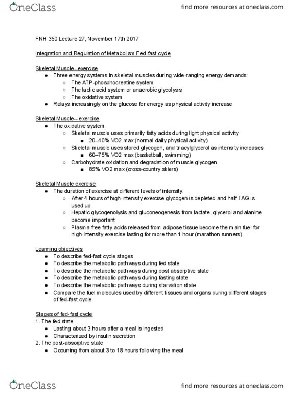 FNH 350 Lecture Notes - Lecture 27: Vo2 Max, Anaerobic Glycolysis, Skeletal Muscle thumbnail