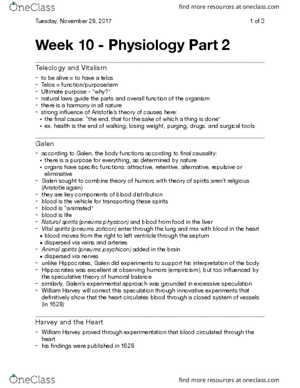 History of Science 2220 Lecture Notes - Lecture 10: Teleology, Vitalism, Blood Transfusion thumbnail