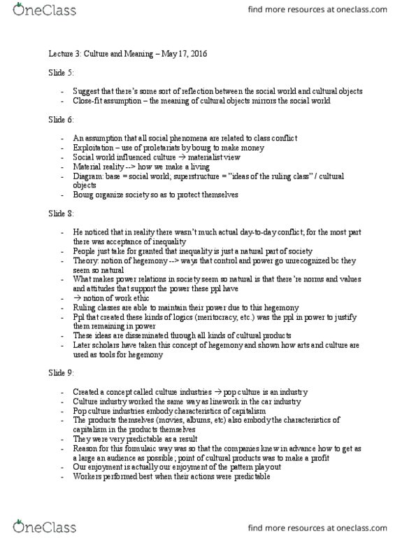 SOC202H5 Lecture Notes - Lecture 3: Culture Industry, Class Conflict, Meritocracy thumbnail