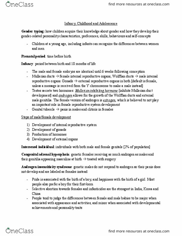 PSYC 3480 Chapter Notes - Chapter 3-4: Paramesonephric Duct, Congenital Adrenal Hyperplasia, Genital Tubercle thumbnail