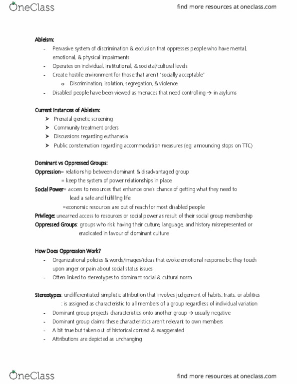 INT 902 Lecture Notes - Lecture 4: Ableism, Genetic Testing, Intersectionality thumbnail