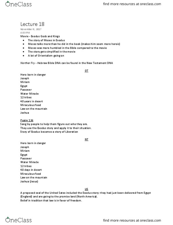 RELG 203 Lecture Notes - Lecture 18: Psalm 136 thumbnail