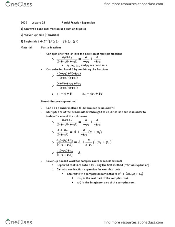 ENGG 2400 Lecture Notes - Lecture 16: Oliver Heaviside, Rational Function thumbnail