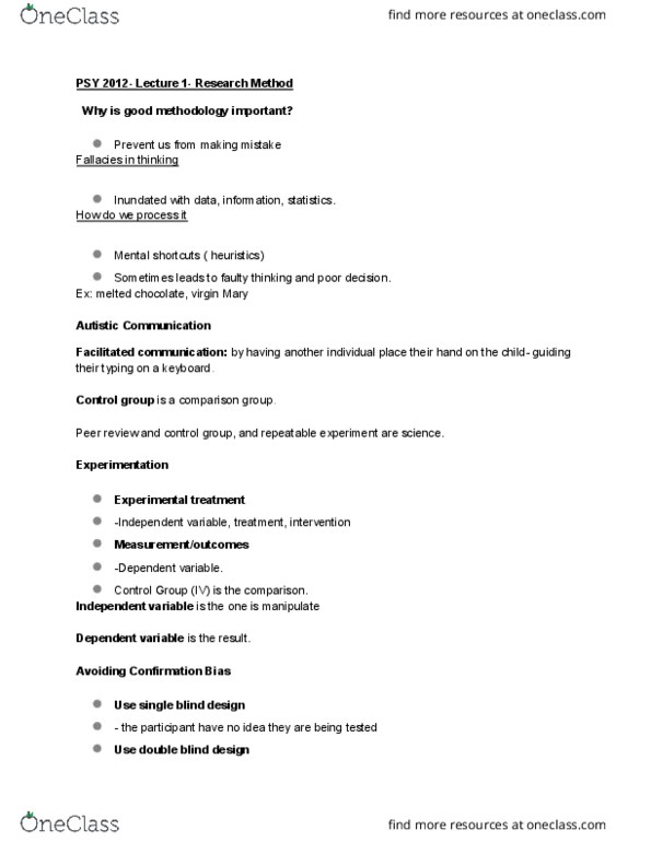 PSY-2012 Lecture Notes - Lecture 1: Facilitated Communication, Blind Experiment, Confirmation Bias thumbnail