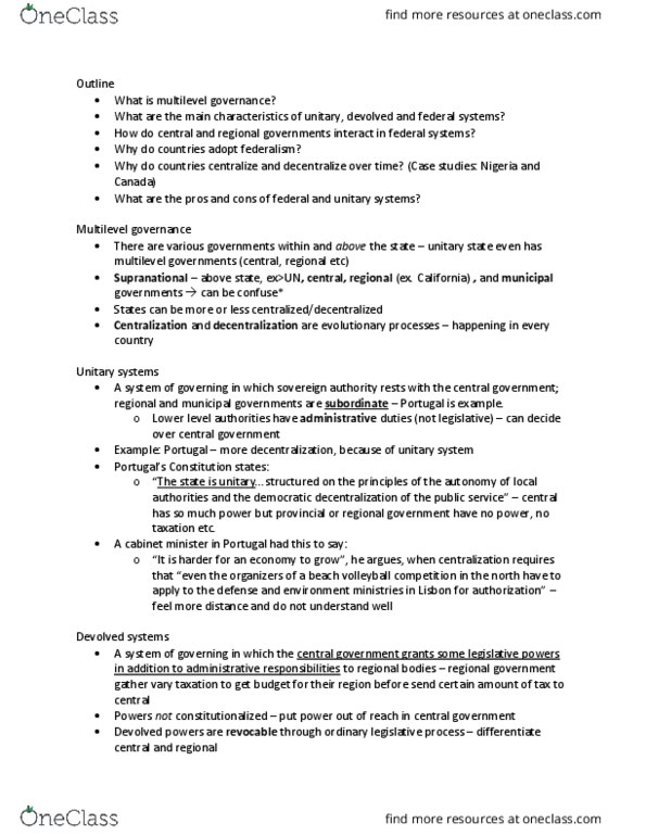 POL 100 Lecture Notes - Lecture 7: Multi-Level Governance, Multilateralism, Presidential System thumbnail