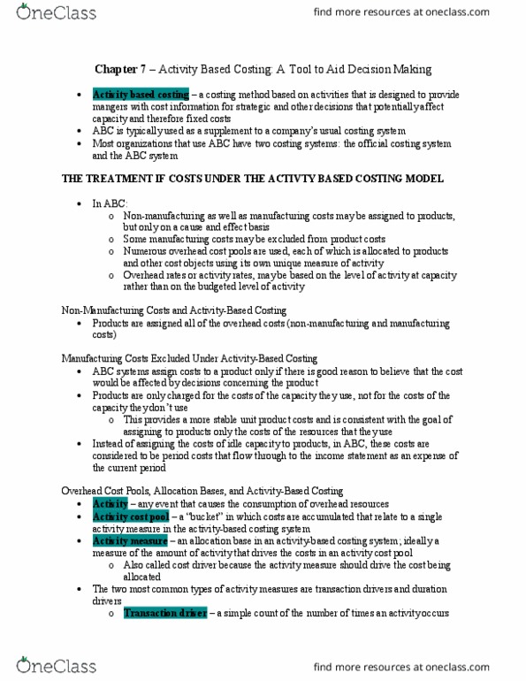 Management and Organizational Studies 3370A/B Chapter Notes - Chapter 7: Activity-Based Costing, Cost Driver, Indian Railways thumbnail