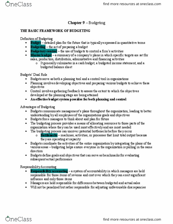 Management and Organizational Studies 3370A/B Chapter Notes - Chapter 9: Budget, Income Statement, Finished Good thumbnail