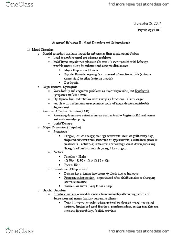 PSYC 1101 Lecture Notes - Lecture 29: Seasonal Affective Disorder, Major Depressive Disorder, Postpartum Depression thumbnail