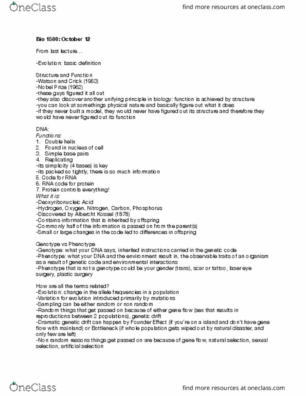 BIOL 1500 Lecture Notes - Lecture 9: Genetic Drift, Allele Frequency, Dna Replication thumbnail