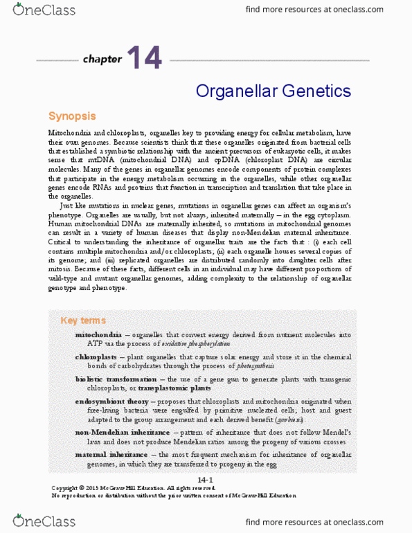 BIO 325 Chapter Notes - Chapter 14: Heteroplasmy, Chloroplast Dna, Nuclear Dna thumbnail