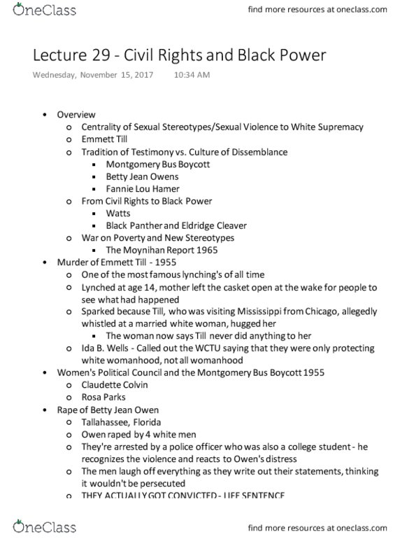 HST 222 Lecture Notes - Lecture 29: Fannie Lou Hamer, Montgomery Bus Boycott, Claudette Colvin thumbnail