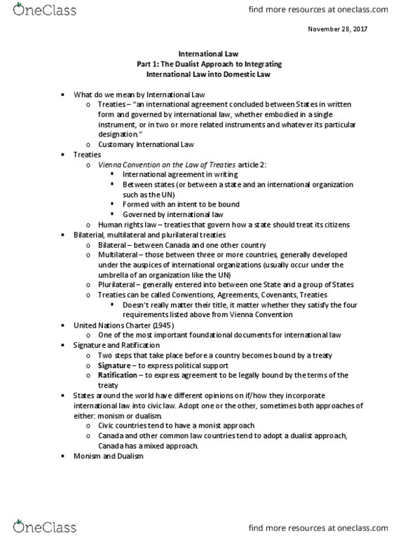 Law 2101 Lecture Notes - Lecture 20: United Nations Charter, Monism, International Labour Organization thumbnail