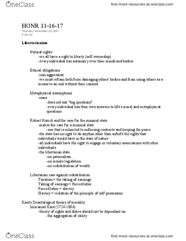 HONR 293 Lecture Notes - Lecture 18: Immanuel Kant, Robert Nozick, Categorical Imperative thumbnail