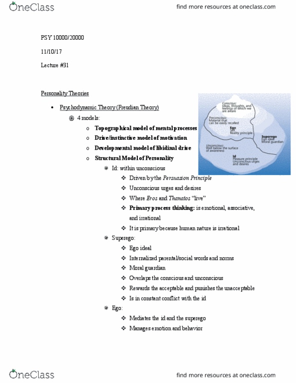 PSY10000 Lecture Notes - Lecture 31: Ego Ideal, Libido, Psy thumbnail