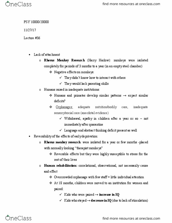 PSY10000 Lecture Notes - Lecture 36: Harry Harlow, 18 Months, Psy thumbnail