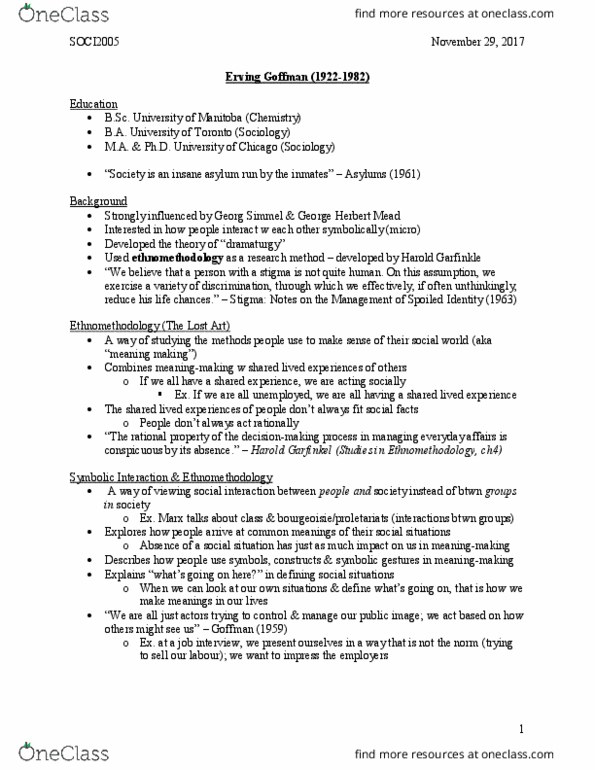 SOCI 2005 Lecture Notes - Lecture 12: George Herbert Mead, Harold Garfinkel, Erving Goffman thumbnail