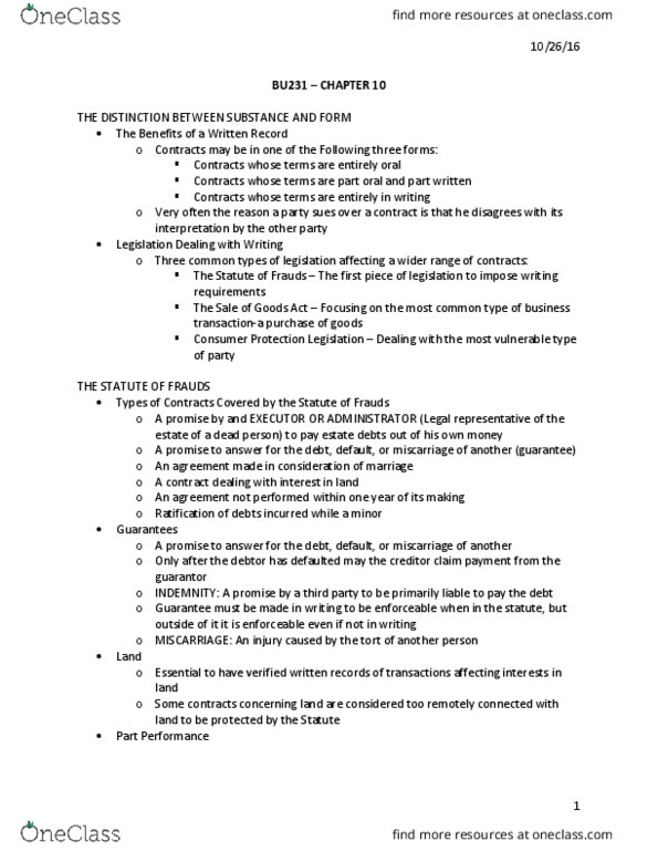 BU231 Chapter Notes - Chapter 10: Oral Contract, Miscarriage, Consumer Protection thumbnail