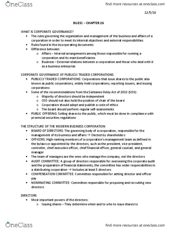 BU231 Chapter Notes - Chapter 26: Chief Financial Officer, Financial Statement, Fiduciary thumbnail