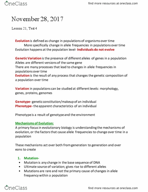 BIOL 1105 Lecture Notes - Lecture 21: Allele Frequency, Genetic Drift, Gene Flow thumbnail