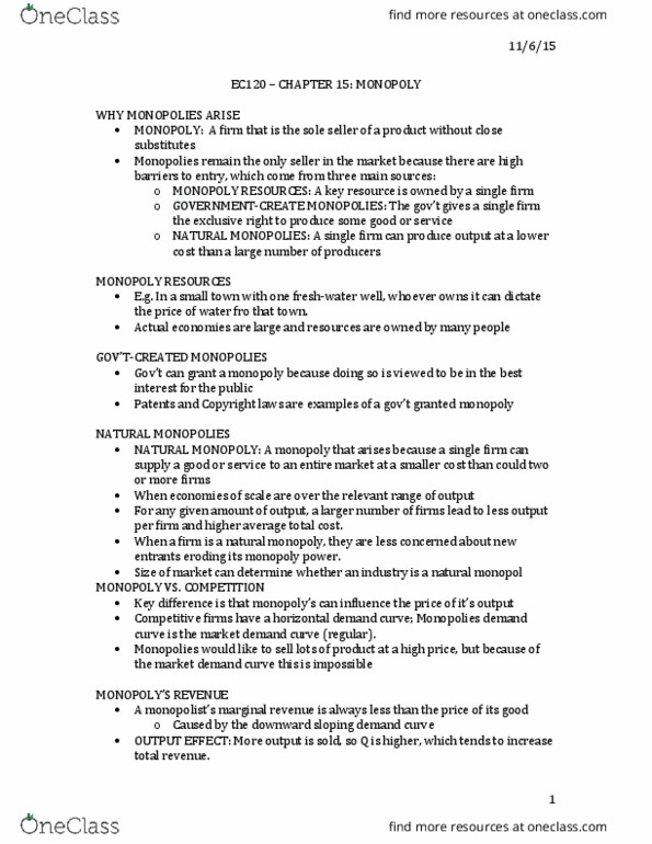 EC120 Chapter Notes - Chapter 15: Natural Monopoly, Demand Curve, Marginal Revenue thumbnail