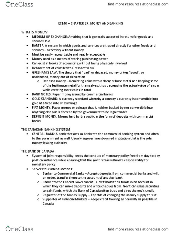 EC140 Chapter Notes - Chapter 27: Commercial Bank, Chapter 27, Reserve Requirement thumbnail